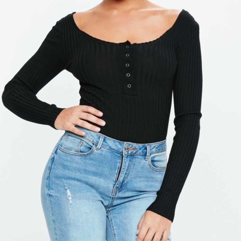 Missguided Ribbed Button Down Bodysuit